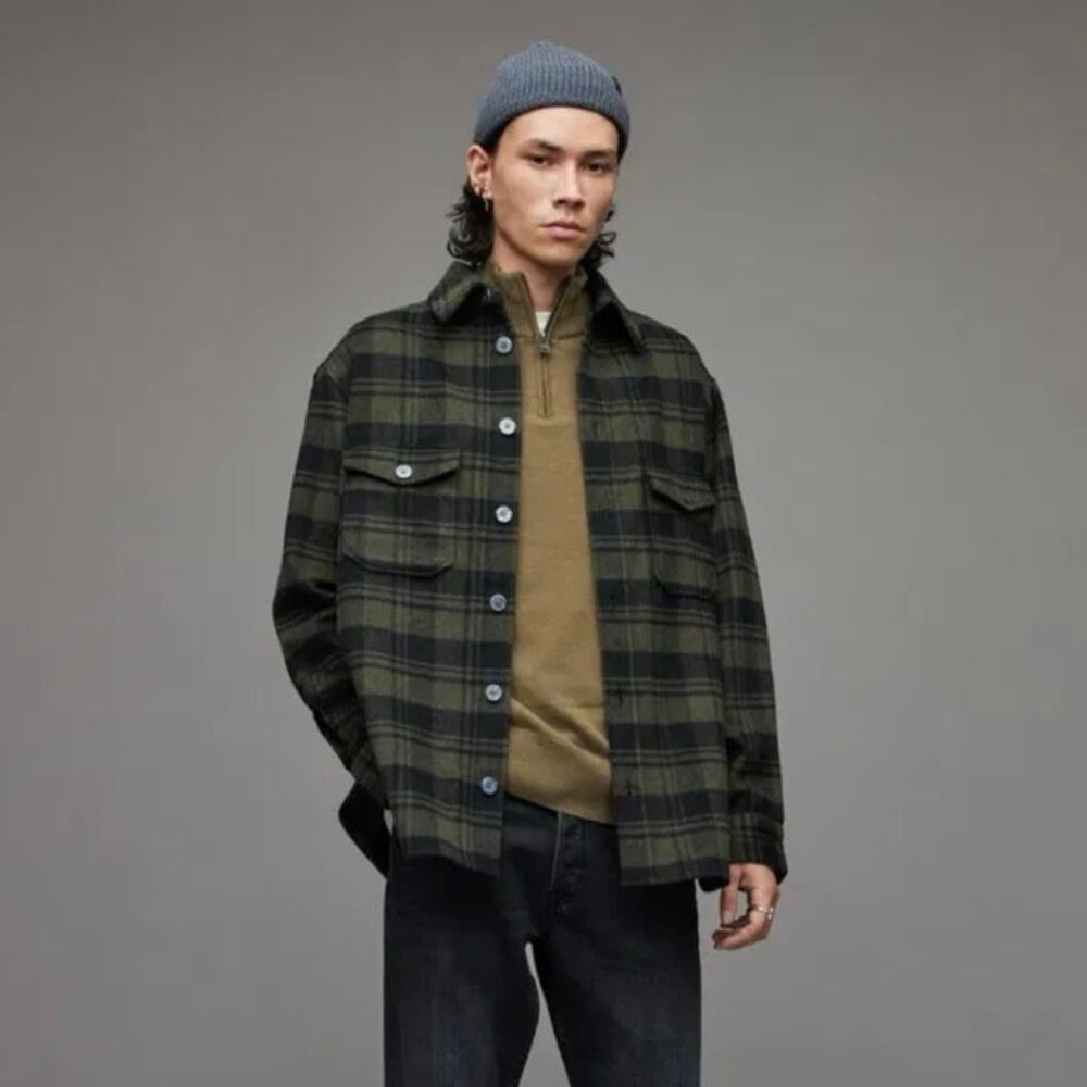 ALLSAINTS Asbury Plaid Flannel Long Sleeve Warm Overshirt Shacket Designer Large